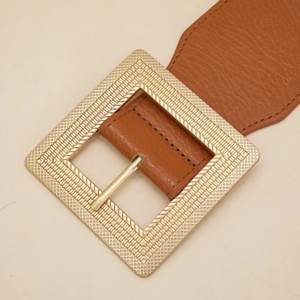 Luxe Gold Tone Square Bucket Vegan Leather Stretchy Belt - Picture 4 of 4